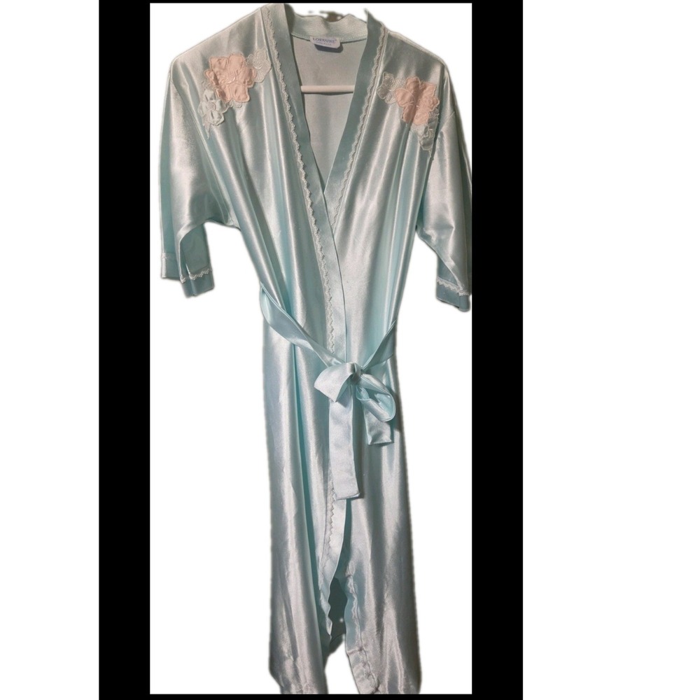 Vintage Lorraine Green Satin Robe Floral Lace Applique Short Sleeve Made in USA